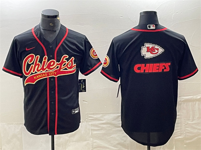 Men's Kansas City Chiefs Black Team Big Logo With Patch Cool Base Stitched Baseball Jersey